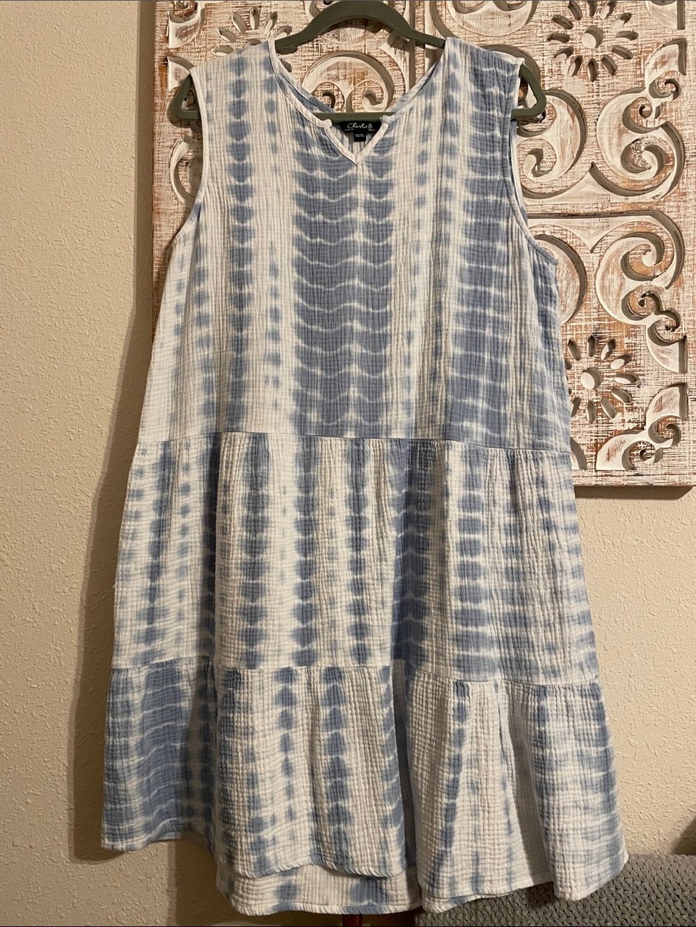 CHARLIE B Blue and White Tie-Dye V-Neck Tiered Mini Dress